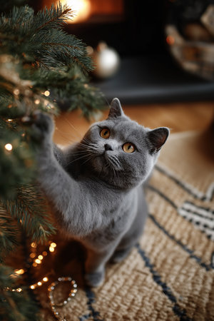 A fluffy grey cat playfully paws at sparkling Christmas tree ornaments.の素材