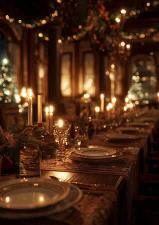 Warm candlelight illuminates the bare table, creating a cozy setting for a holiday celebration.の素材