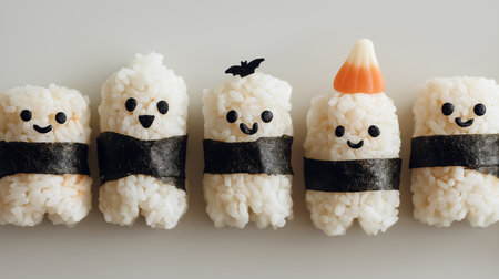 Adorable sushi rolls appear as ghosts with seaweed and candy toppings for Halloween fun.の素材