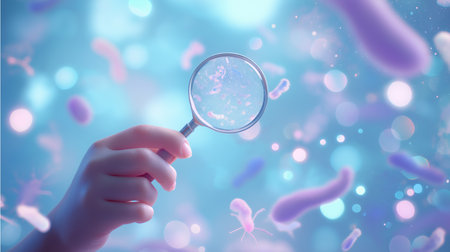 A child's hand delicately holds a magnifying glass, revealing a world of tiny wonders and magic.の素材