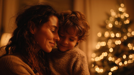A Colombian mother lovingly holds her child close, surrounded by soft, glowing lights and warmth.の素材