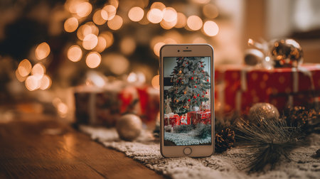 Experience Christmas warmth with cheerful decor, wrapped gifts, and a glowing tree.の素材