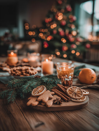 Gingerbread cookies, candles, and fruits create a cozy, twinkling Christmas atmosphere.の素材
