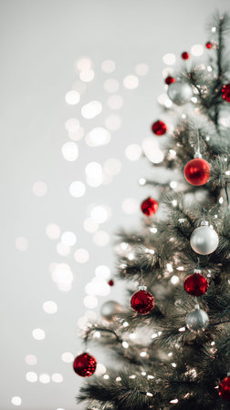 Soft white lights illuminate the festive Christmas tree, creating a cozy winter atmosphere.の素材