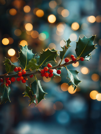 A holly branch with bright red berries stands out against a dreamy backdrop of festive lights.の素材