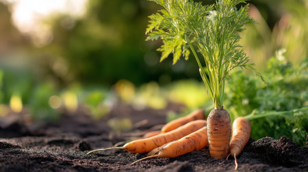 Fresh, healthy carrots burst from the soil with vibrant orange and bright green tops.の素材