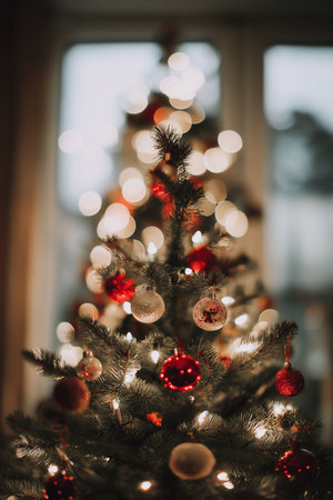 A beautifully adorned Christmas tree glows with lights and ornaments, creating a festive atmosphere.の素材