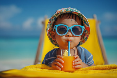 A cute toddler relaxes on a beach chair, enjoying juice and the warm ocean breeze.の素材