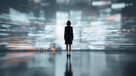 A businesswoman stands confidently in front of a vast digital display, immersed in data streams.の素材