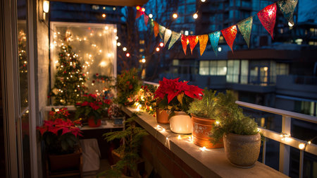 Colorful lights and plants bring a cheerful vibe to a balcony decorated for the winter season.の素材