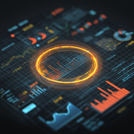 Fintech dashboard shows dynamic charts and data analytics in a modern setting.の素材