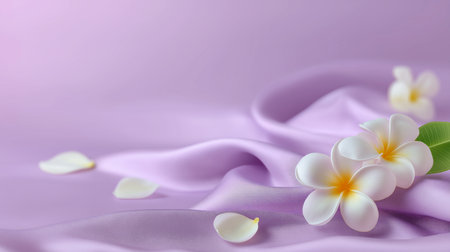 frangipani flowers on purple silk background with copy space.の素材
