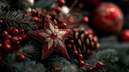 A shimmering Christmas star shines among pine branches and ornaments, boosting holiday cheer.の素材