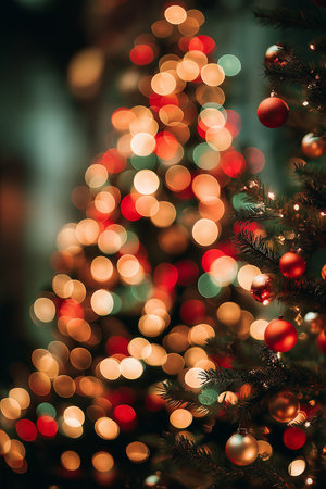 Twinkling red and gold lights adorn a Christmas tree, evoking warmth and joy during the holidays.の素材