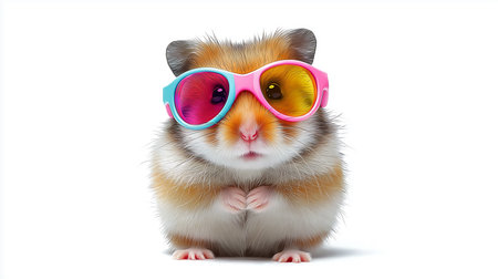 A cute furry hamster stands upright with vibrant sunglasses, evoking giggles and joy in the moment.の素材