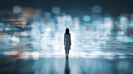 A confident businesswoman gazes at a vibrant digital cityscape filled with lights.の素材