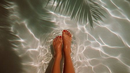Sunlight dances on the water as a woman dips her toes, savoring a peaceful moment in paradise.の素材