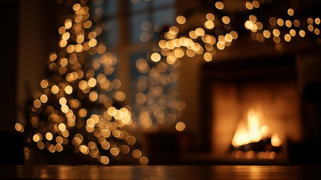 Golden lights twinkle on the tree as the fireplace crackles, filling the room with joy.の素材