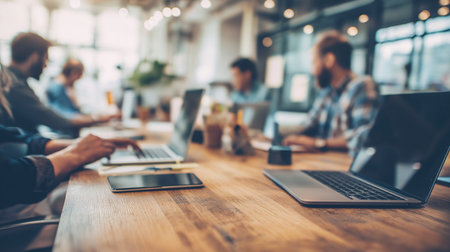 People engage in collaborative tasks in a vibrant coworking space full of creativity.の素材