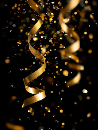 Gold confetti and ribbons swirl gracefully in the air, creating a lively and cheerful atmosphere.の素材