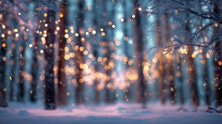 A serene snowy forest scene comes alive as glowing lights shimmer through the trees at dusk.の素材