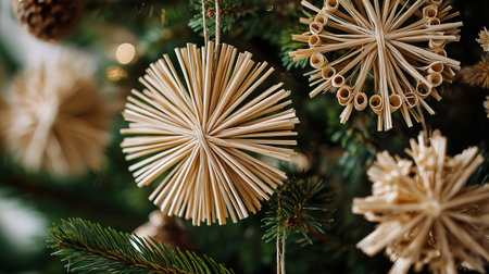 Delicate straw ornaments add rustic charm to the Christmas tree, enhancing the holiday spirit.の素材