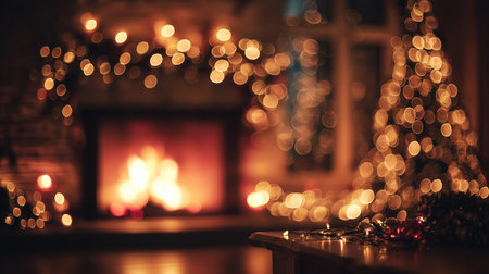 Warm golden lights fill the room, creating a festive ambiance near the glowing fireplace.の素材