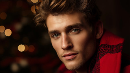 A handsome man with light brown hair gazes thoughtfully among festive lights.の素材