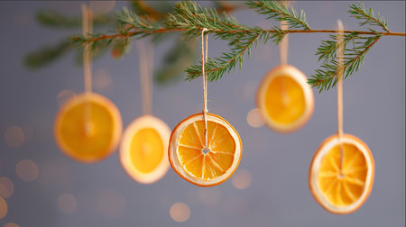 Dried orange ornaments sway on a branch, adding warmth to the festive atmosphere.の素材