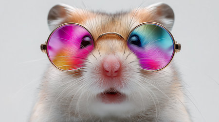 Cute hamster with colorful sunglasses looks cheerful and ready for a playful adventure.の素材