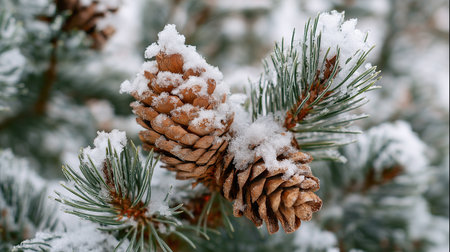 Snow blankets pine cones on a Christmas tree, creating a serene and festive winter atmosphere.の素材