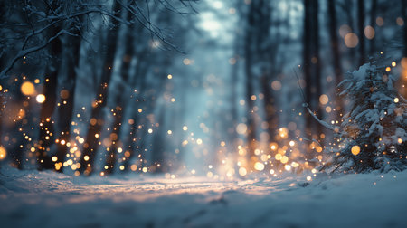 Soft lights dance in a snowy forest, creating a magical atmosphere on a serene winter evening.の素材