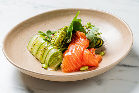 Salmon, cucumber, avocado, and spinach salad are attractively presented on a beige plate.の写真素材
