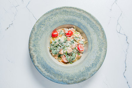 A delicious pasta dish featuring creamy sauce, fresh spinach, and vibrant cherry tomatoes.の写真素材