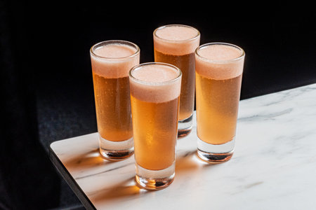 Four drinks stand together, their golden hues topped with foam, ready to be enjoyed.の写真素材