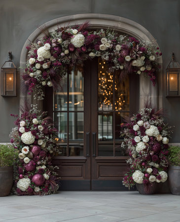 A stunning winter garland enhances the entrance, creating a warm and inviting ambiance.の素材