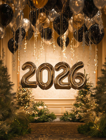 A grand entrance features golden balloons for the upcoming New Year, surrounded by festive trees.の素材