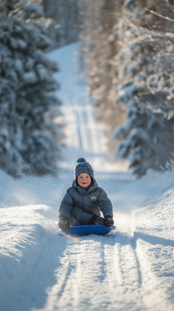 A child enjoys sledding down a snow-covered slope in bright winter sunshine, surrounded by trees.の素材