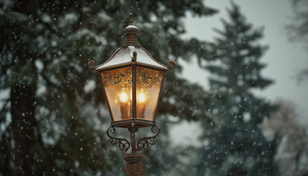 Warm yellow light glows from a vintage lamp as gentle snowflakes fall around it.の素材