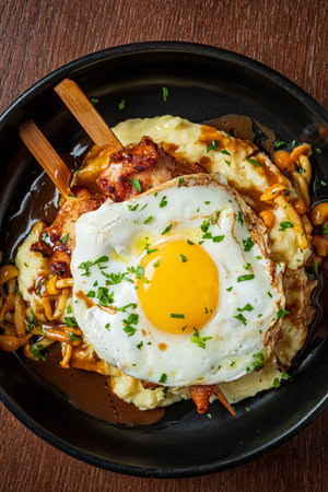 Savor the goodness of tender chicken topped with a sunny-side-up egg on creamy mashed potatoes.