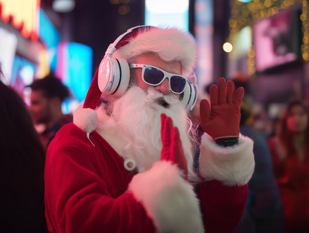Joyful Santa dances and laughs in the vibrant city, spreading holiday cheer to all nearby.の素材