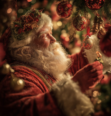 Santa Claus lovingly hangs ornaments on the Christmas tree, creating a warm festive atmosphere.の素材