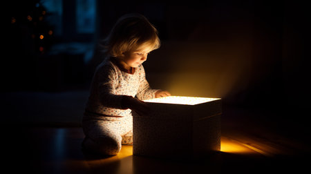 A young child kneels in pajamas, captivated by the glowing gift box in a softly lit room.の素材