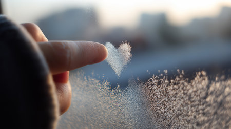 A finger draws a heart on a frosted window, capturing warmth on a crisp morning.の素材