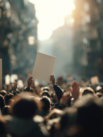 In a show of unity, many hands raise placards as sunlight floods the streets.の素材