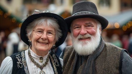 A joyful elderly couple in traditional attire celebrates amidst festive decorations.の素材