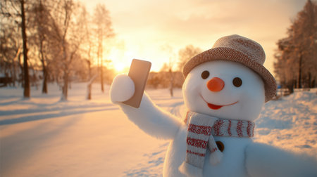 A joyful snowman smiles while taking a selfie against a warm sunset in a snowy landscape.の素材