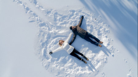 Lovers roll in soft snow, making cheerful snow angels under the bright winter sun.の素材