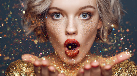 Woman expresses joy and surprise as colorful confetti bursts from a party popper in celebration.の素材