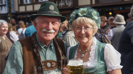 Joyful couple in traditional outfits holds large beers at a lively festival.の素材